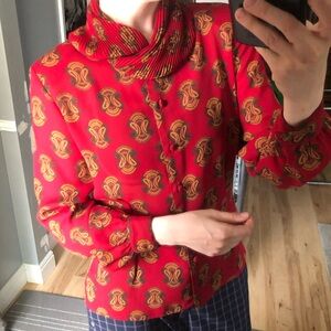 Vintage Red & Gold Patterned Blouse Wrap Collar